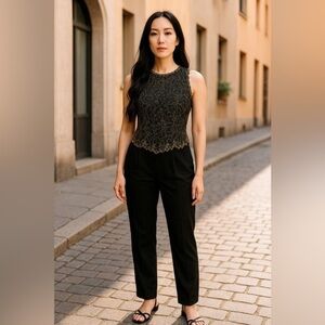 Jkara New York Black Gold Beaded Sleeveless Tank Top Women’s Medium | Elegant